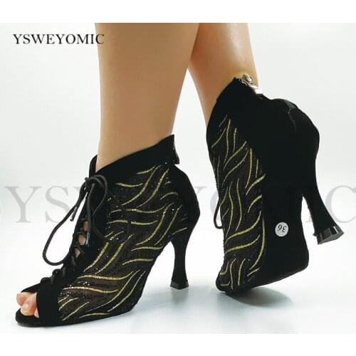 2020 Autumn Girls Dance Boots Salsa Latin Dance Shoes Suede Fabric Mesh Customized Heel 3inch Stable Dance Shoes for Women YS08