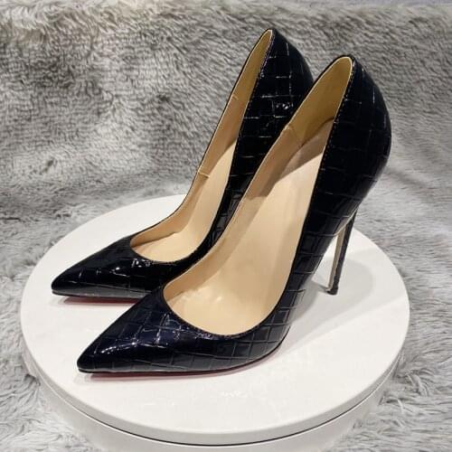 Grid pattern black pointed toe 12cm 10cm 8cm high thin heel work party shallow classic elegant slip on lady pumps QP124 ROVICIYA