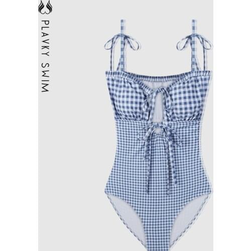 String Bandage One Piece Swimsuit Women Sexy Blue White Plaid Checkered Swimwear Swim Beach Wear Bathing Suit 2021 Monokini