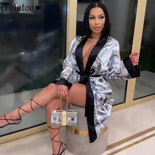 Totatoop Pay My Bills Cover Up Satin Robe Women 2020 Long Sleeve Money Print Belt Bandage Dress Sleep Wears Club Party Dresses
