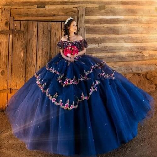 2021 Navy Blue Ball Gown Quinceanera Dresses Princess Sweet 16 Dresses Off Shoulder Graduation Gowns vestidos de 15 anos