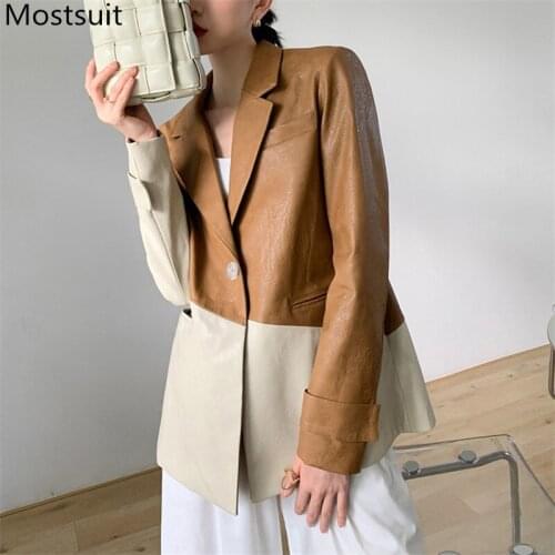 Vintage Fashion Patchwork Women Pu Leather Coat Full Sleeve Single Button Female Suit Coats Spring Loose Ladies Outwear 2021