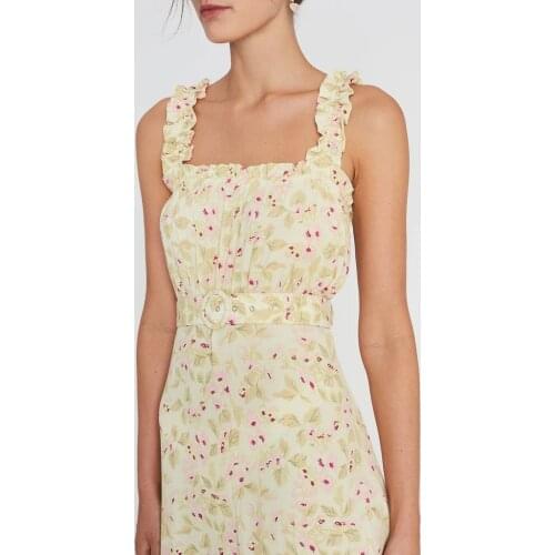 Womens Sling Print Dress Floral Fungus Square Collar Sleeveless Sashes Zipper Temperament Summer Midi Dress