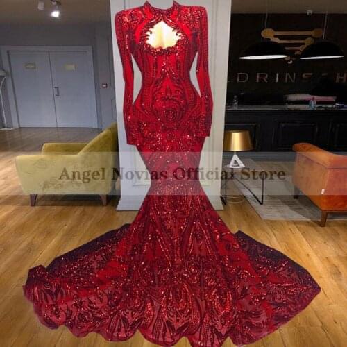 Womens Long Sleeves Mermaid Red Evening Dress 2021 High Neck Arabic Prom Gowns Robe De Soiree 2020