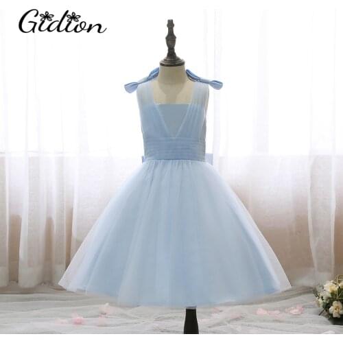 2020 Spring Summer Girl Dress Sleeveless Bow Shoulder Fluffy Dress Girls Mesh Blue Wedding Children Princess Dress Banquet Girls