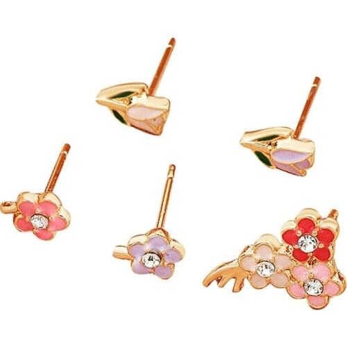 5Pcs/Set Colorful Flower Shaped Earrings Cute Geometric Stud Earrings for Women Girls Romantic Chic Ear Studs Jewelry Gift