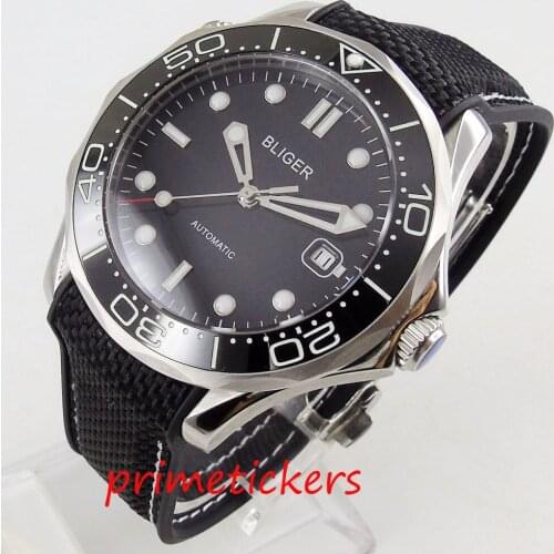 Automatic new sapphire glass 41mm BLIGER black dial mens watch black ceramic bezel luminous hands rubber strap