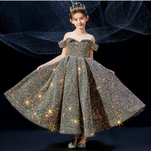 Elegant Flower Girls Dresses With Gold Lace Sequin Shoulderless Pageant Long Ball Gowns Prom Kid Party Holy Communion Costume