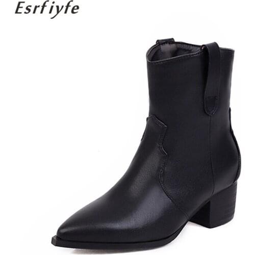 ESRFIYFE 2020 New Women Boots Pointed Toe High Heels Ankle Boots Thick Square Heel Slip on Western Boots Cowboy Boots Women