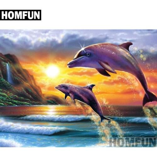 HOMFUN Full Square/Round Drill 5D DIY Diamond Painting "Dolphin couple" 3D Embroidery Cross Stitch 5D Home Decor A00827