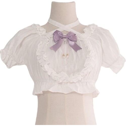Summer Lolita Sweet Fashion Blouse Women Shirts Goth Kawaii Teen Girl Japanese Cosplay Short Sleeve Cute Lace Up Ruffle Crop Top