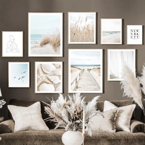 Ocean Conch Starfish Seagull Shell Reed Wall Art Canvas Painting Nordic Posters And Prints Wall Pictures For Living Room Decor