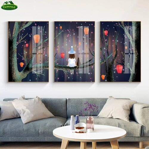 Yumeart Moon Goodess Wall Art Print Sky Lantern Poster Spring Scattering Stars Night Crescent Moon Make a Wish Canvas Art Decor