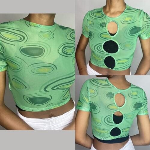 Printed Crop Top y2k Fashion T Shirt Mesh Transparent Tshirt Women clothes Vintage Frill Pulovers Harajuku Tee Streetwear 90s