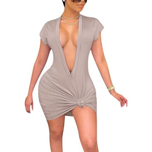 Women Sexy Twist Dress, Solid Color Deep V-neck Short Sleeve Dresses Summer Club Wear