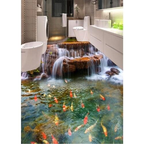 3d pvc flooring custom photo Self-adhesive picture wall sticker Waterfall stream carp painting 3d room murals wallpaper