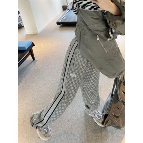 Gray Sweatpants 2021 New Loose Straight Lattice Loose Pants Female Spring and Autumn Leisure Sports Pants Female