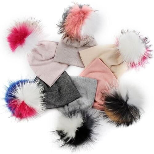 15cm Real Fur Pompom Triple Color Beanies Baby Girls Boys Infant Newborn Winter Warm Hats Caps Unisex Candy Color Stripe Hat