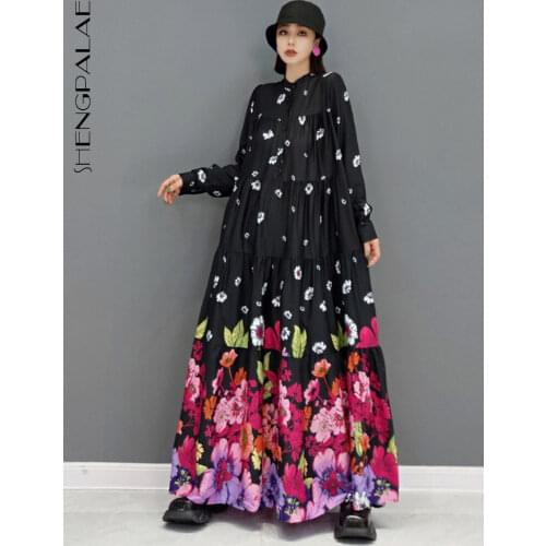 SHENGPALAE Fashion Yellow Printed Shirt Derss Womens Autumn 2021 New Round Neck Loose Long Sleeve Mid-calf Dresses Female Tide