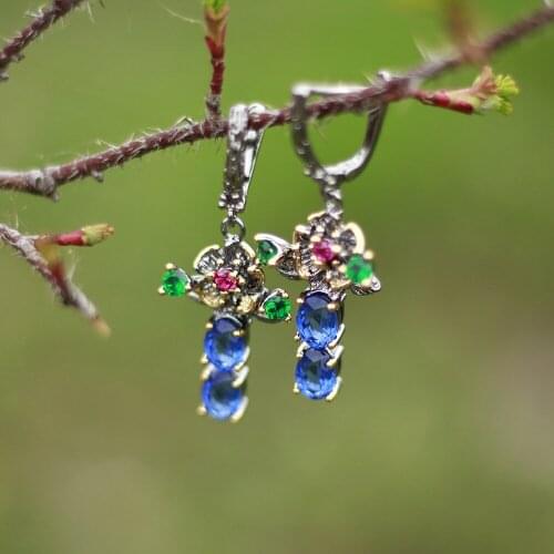 Pretty Blue Zirconia Dangle Earrings Flower Crystal Jewellery Black plating Fashion Jewelry Drop earring for women