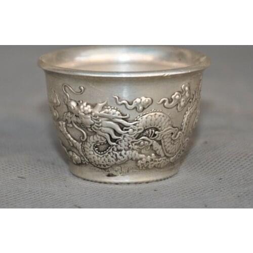 Collect China Tibetan silver Dragons DragonLoong statue Tea Bowl Wineglass cup