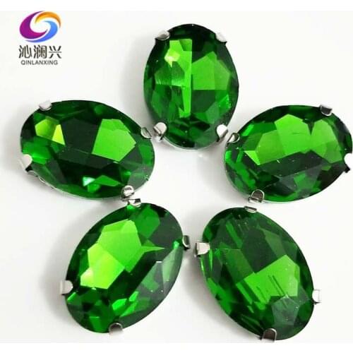 Grass green oval shape High quality Glass Crystal flatback sew on claw rhinestones with holes,Diy/Clothing accessories SWT20