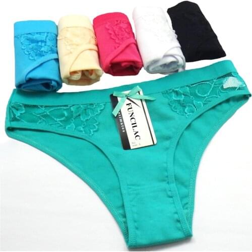 FUNCILAC Woman Cotton Panties Sexy Transparent Briefs Floral Lace Underwear Low Waist Ladies Knickers Soft Lingerie 5 Pcs/set