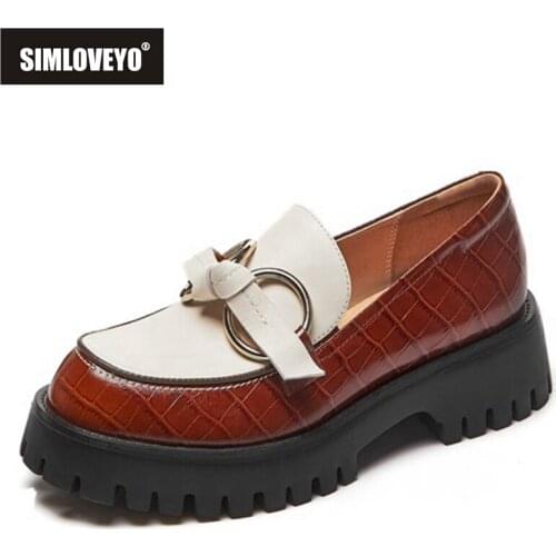 SIMLOVEYO New 2021 Ladies Pumps Derby Round Toe 4.5cm Block Heels Thick Bottom Genuine Leather Soft Breathable Patchwork B2305