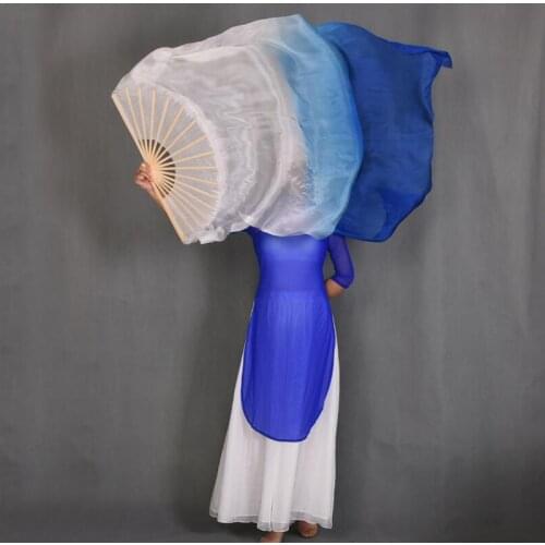 1 Pair 70"x35" Belly Dance Silk Fan Veils White Royal Blue Horizontal Gradient Bamboo Long Fans Veil For Women Kids Wholesale