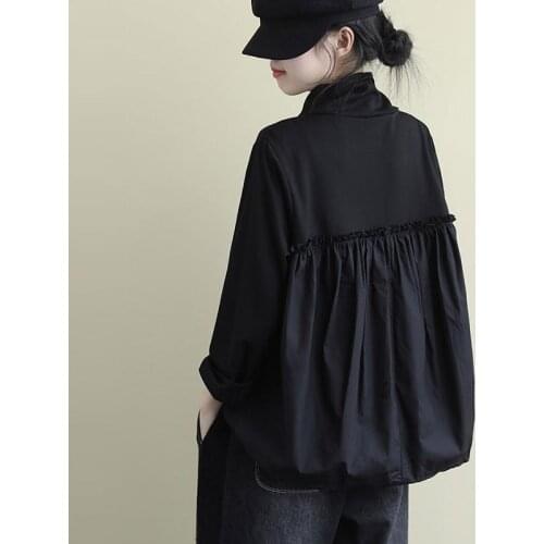 Oversized Women Cotton Casual T-shirts New 2021 Spring Simple Style Vintage Turtleneck Solid Color Loose Female Tops Tees D034