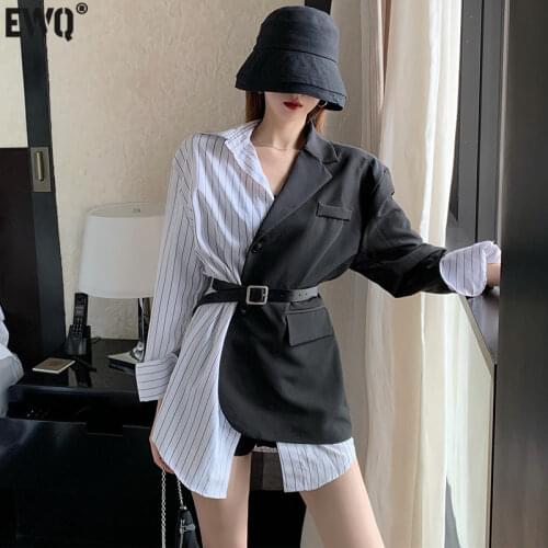[EWQ] Striped Stitching Black Blazer Long-sleeved Coats Ladies Suit Large Size Trend Coat Feminino 2021 Spring Autumn New 16W489