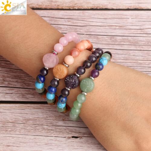 CSJA 8mm 7 Chakra Balance Yoga Tree of Life Crystal Bracelets for Girl Women Natural Gem Stone Bead Elastic Bracelet Trendy S415