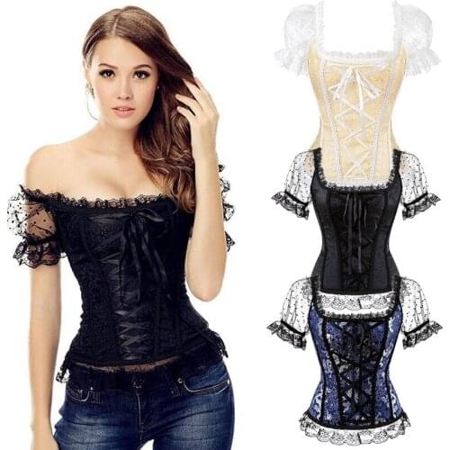 Womens Gothic Lace up Steel Boned Corset Top Brocade Overbust Bustier Femme Sleeves Waste Trainer Steampunk Waist korzet korset