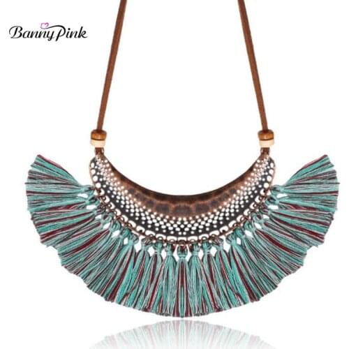 Banny Pink Ethnic Colorful Tassel Necklace For Women Vintage Metal Hammered Moon Pendant Choker Collar Fashion Jewelry Colliers