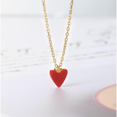 LAMOON 925 Sterling Silver Necklace For Women Little Heart Pendant Synthetic Red Coral 14K Gold Plated Fine Jewelry LMNI105