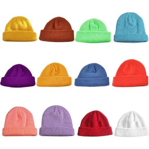 Unisex Winter Ribbed Knit Trawler Cuff Beanie Hat Solid Color Roll Up Edge Harajuku Hip Hop Baggy Short Melon Skull Cap