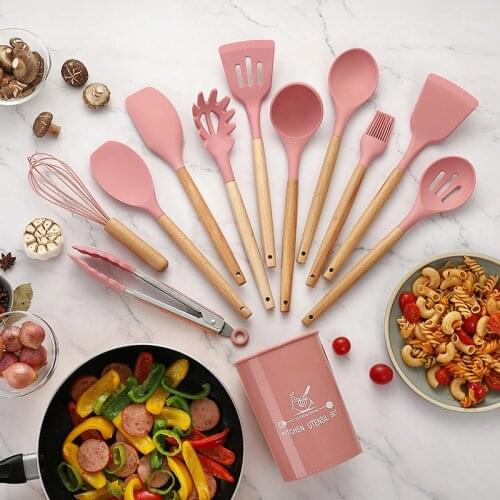 4/11/12PCS Silicone Cooking Utensils Set Non-stick Spatula Shovel Wooden Handle Cooking Tools Set with Storage Box Kitchen Tools
