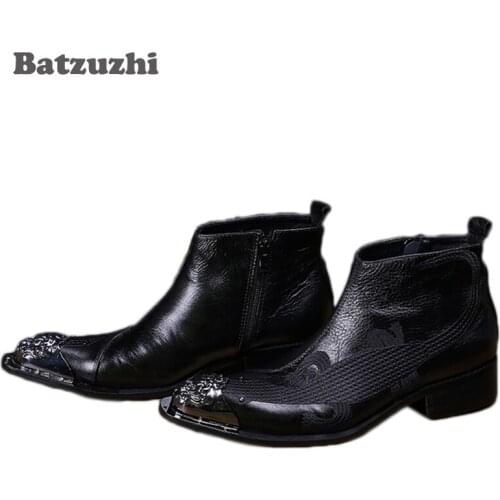 Batzuzhi Luxury Mens Shoes Italian Style Black Leather Boots Pointed Metal Toe Designers Shoes Men Botas Masculina, 38-46