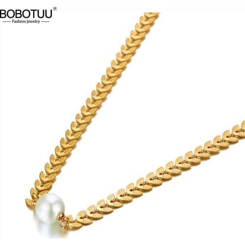 BOBOTUU Goth Stainless Steel White Pearl Choker Necklaces For Women Girls Bohemia Party Leaflet Charm Pendant Necklace BN20098