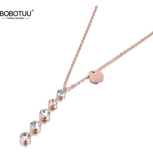 BOBOTUU Trendy Mosaic AAA Zircon Stainless Steel Chain Pendant Necklace Rose Gold Tag Charm Chokers Necklaces For Women BN19052