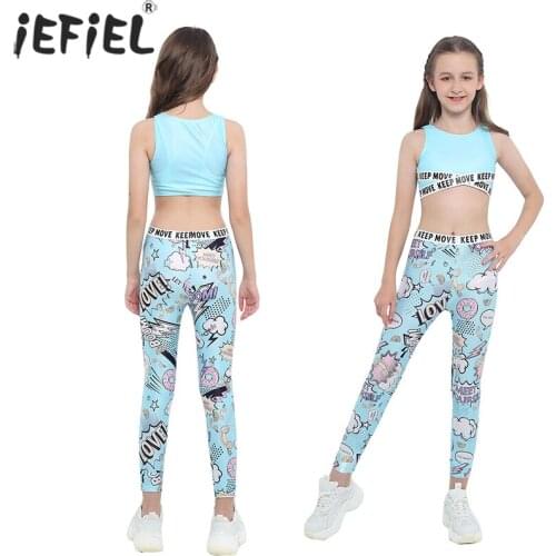 Kids Girl Clothes Set Sleeveless Letter Print Ballet Dance Sport Tanks Crop Top with Legging Workout Dancewear Gymnastics Outfit