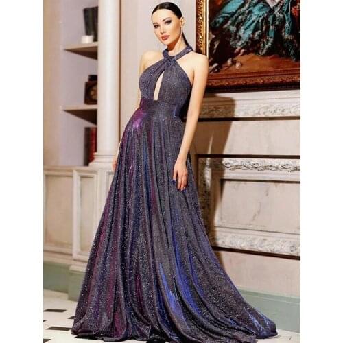 2021 Long Glitter Halter Prom Dresses A Line Sleeveless O Neck Wedding Prom Evening Formal Party Gowns