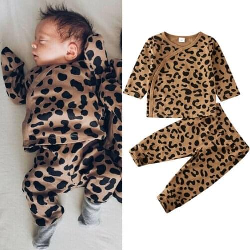 Newborn Baby Boy Girl Leopard T-shirt Tops Long Pants Outfits Clothes 2Pcs Set