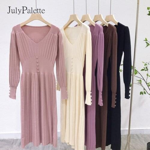 JulyPalette 2021 Autumn Winter V-neck Pleated Knitted Dress Solid Long Sleeve Button A-line Dress Elegant Ladies Sweater Dress