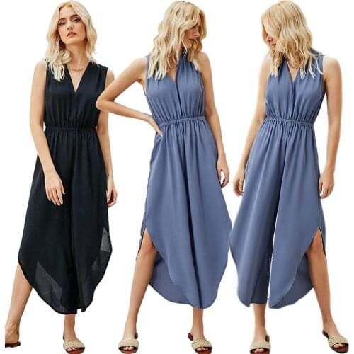 Summer New Overall High Waist Women Jumpsuits V-neck Sleeveless High Slit Pants Loose Casual Rompers Elegant Solid Color Holiday