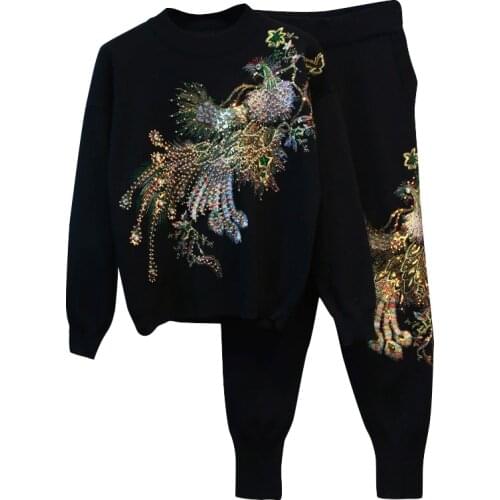 Embroidery 2 Piece Set Women Sweater Suit Sets Spring 2020 New Knitted Sweater Pants Tracksuits Women Casual Knitted Trouser Set