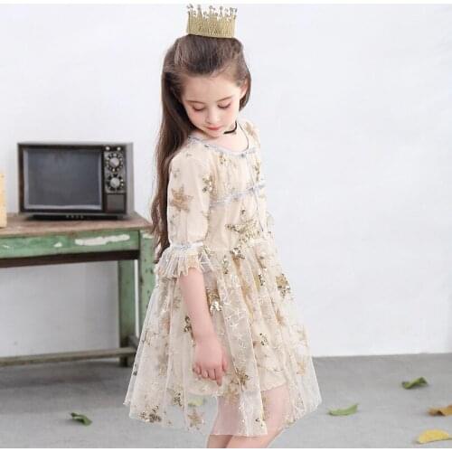Korean Girls Dresses Hot Summer Toddler Clothes Ball Gown Stars Sequin Lace Embroidery Princess Dress For 2-10Yrs Birthday Party