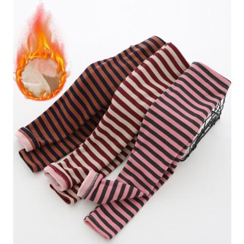 Winter Girls Skinny Striped Pants Warm Thick Pencil Pants Kids Girls Leggings Children Velvet Long Trousers Casual Girl Pants
