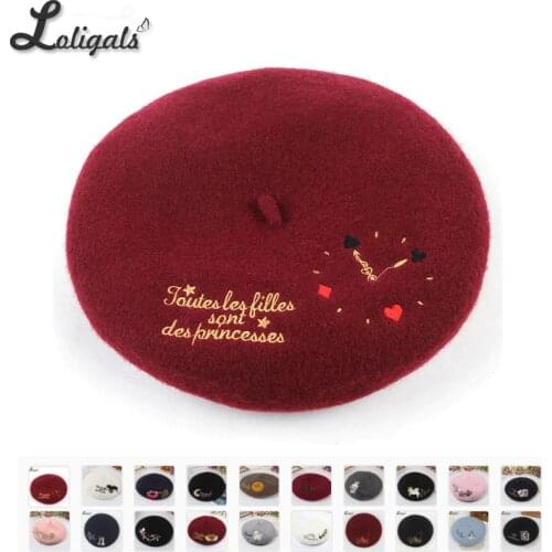 Sweet Womens Lolita Beret Wool Embroider Beret Hat Warm Winter Berets