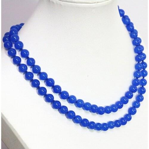 Fashion blue semi-precious chalcedony jades stone long chain necklace 8,10,12mm round beads high grade jewelry 36inch B1485